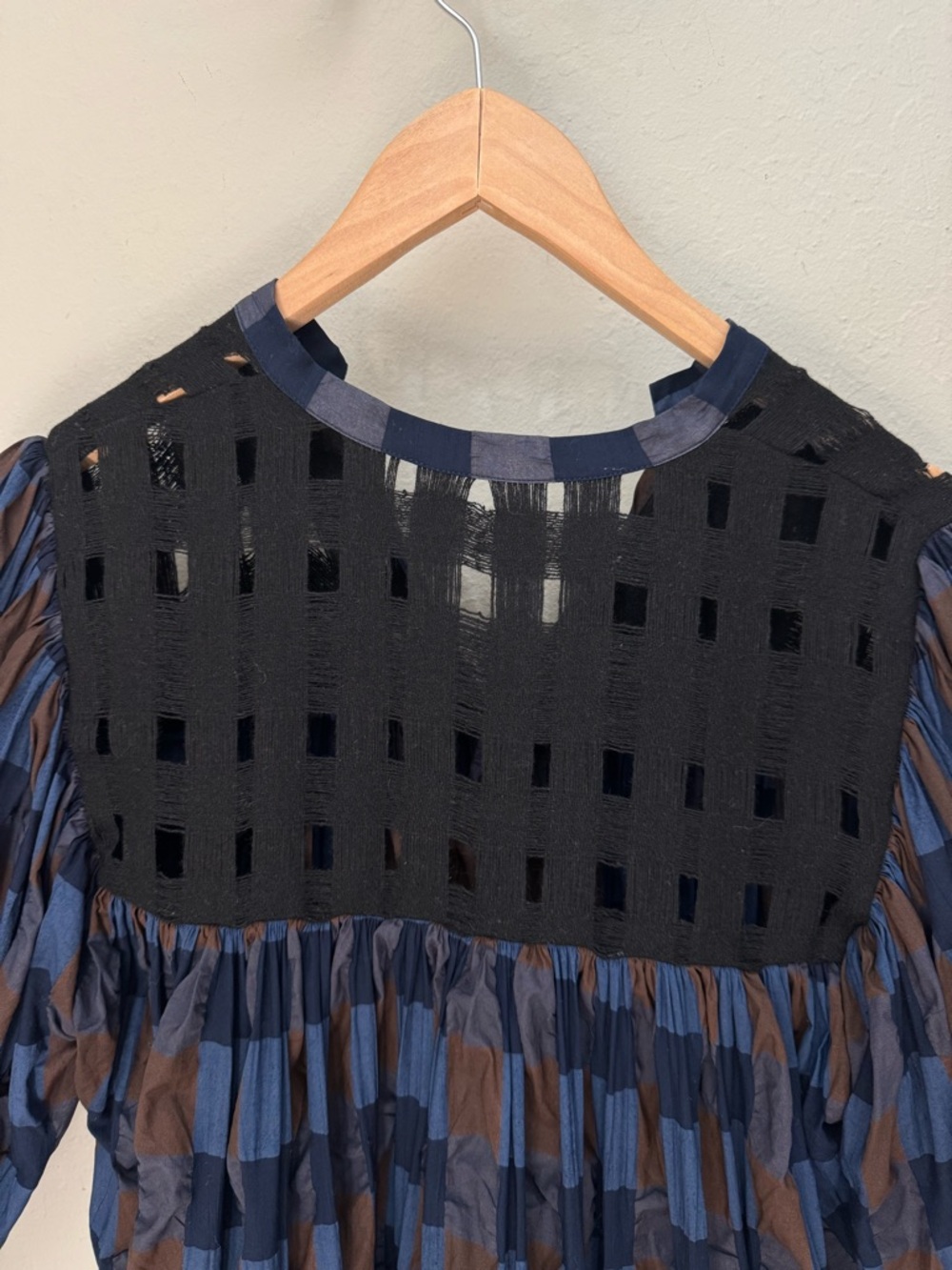 LOVE BINETTI Balloon Sleeve Blue and Brown Checkered Babydoll Dress Cotton M - Picture 9 of 16